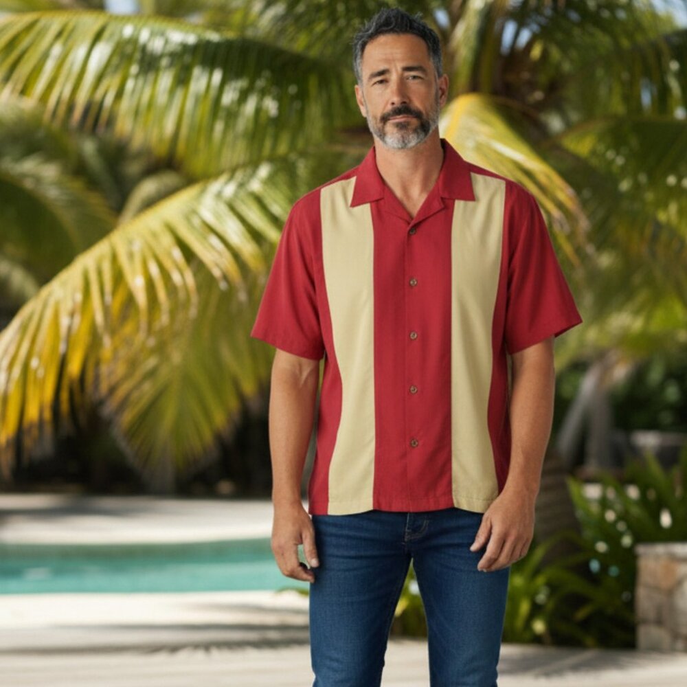 NWT Caribbean XL Soft Modal Blend Button-Down Panel Stripe Men's Shirt Red & Tan